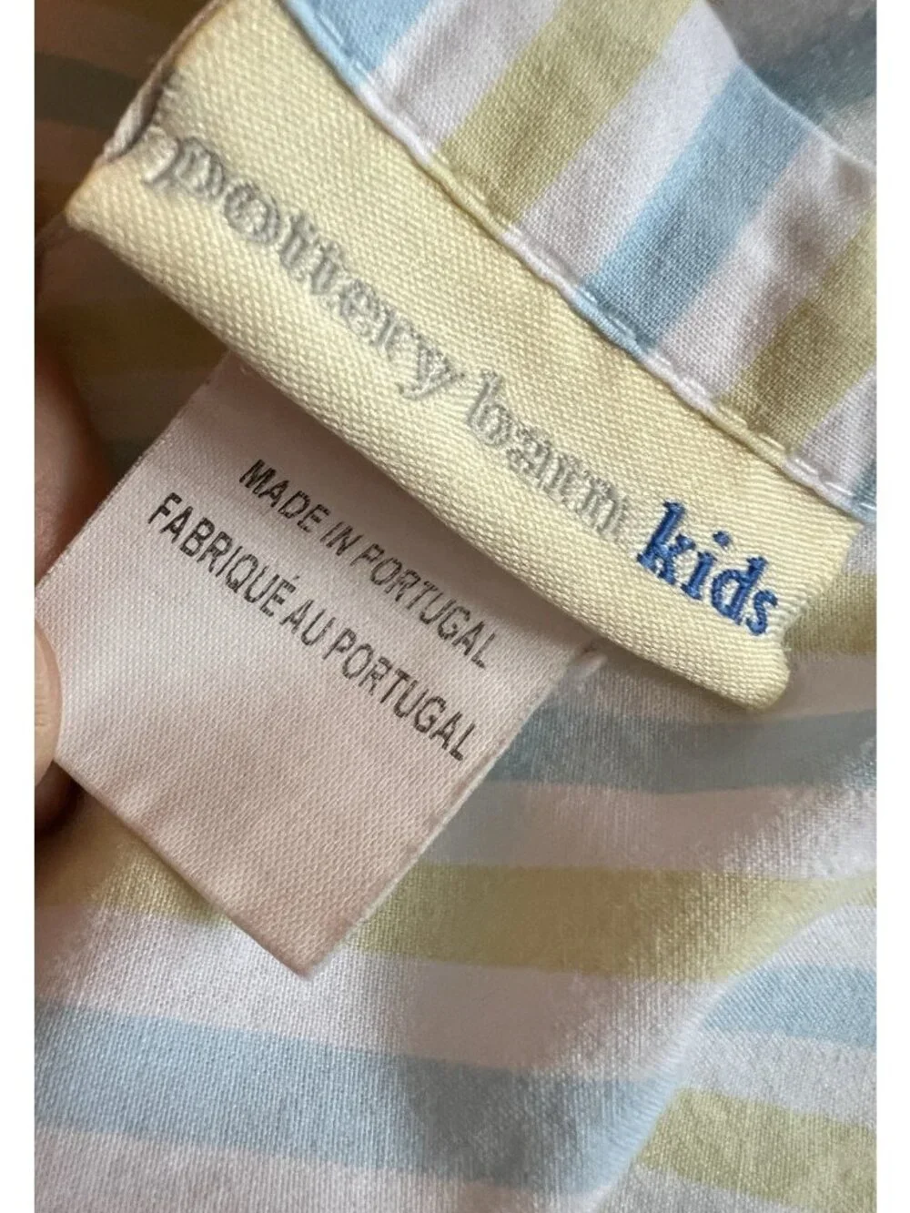 POTTERY BARN KIDS Twin Sheet Set 3 Pc Green Blue Stripe Organic Cotton Portugal